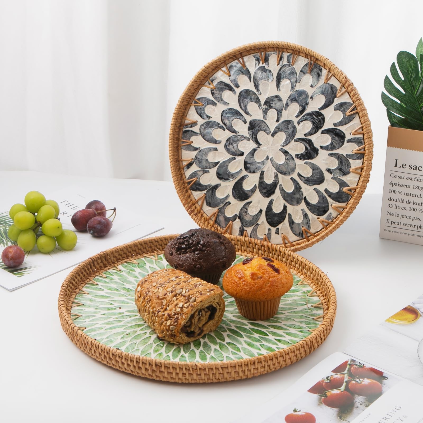 Decorative tray hung on wall as art adds boho charm and visual interest.