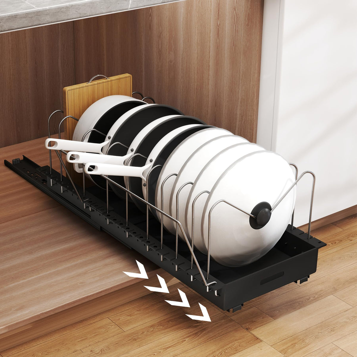 Abalter expandable pots and pans organizer under cabinet for neat cookware storage.