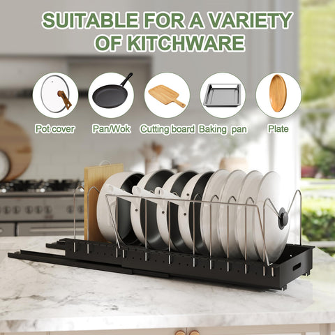 Abalter pull-out pan lid holder provides quick lid access.