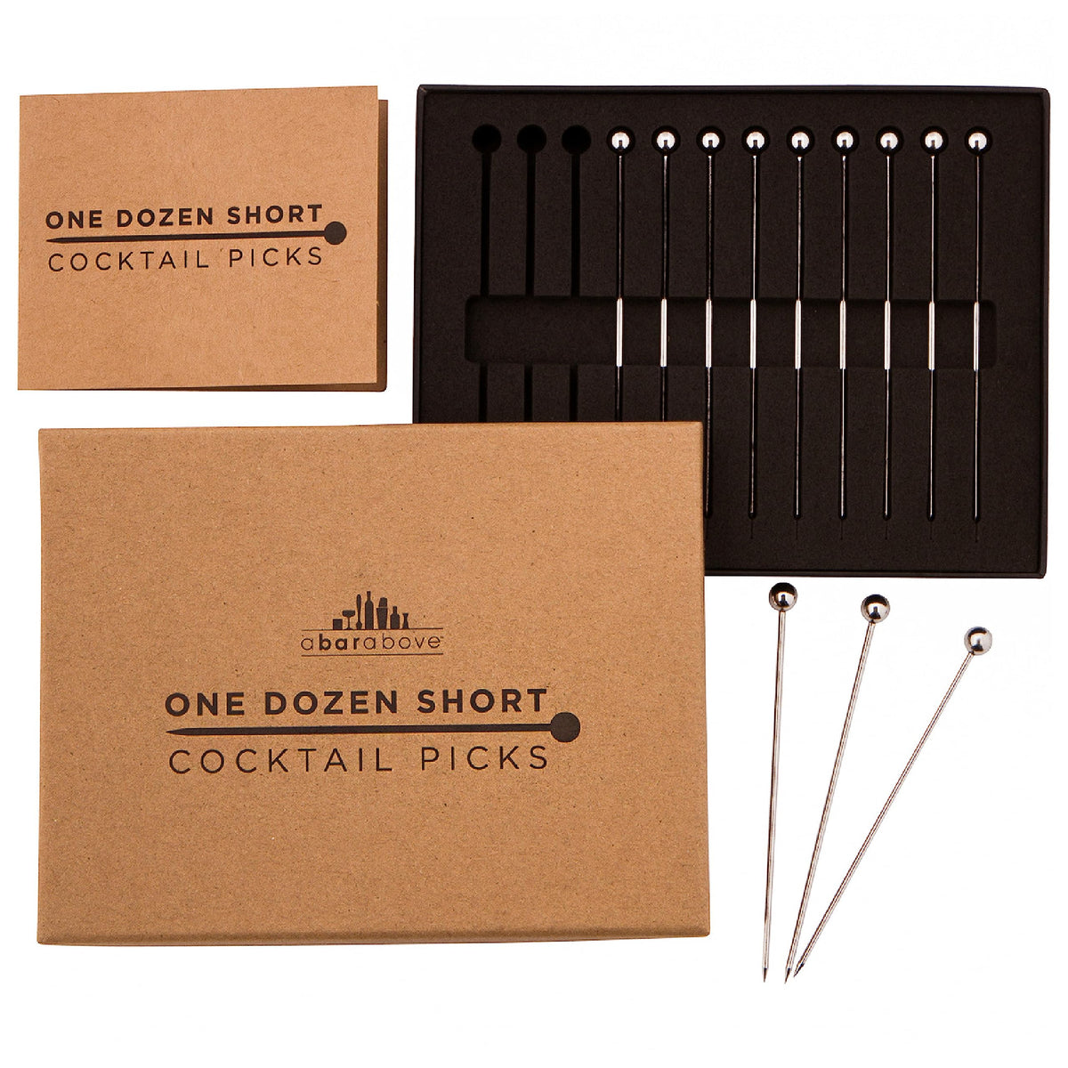 A Bar Above 12-piece cocktail picks arranged for elegant drink garnishes and presentation.