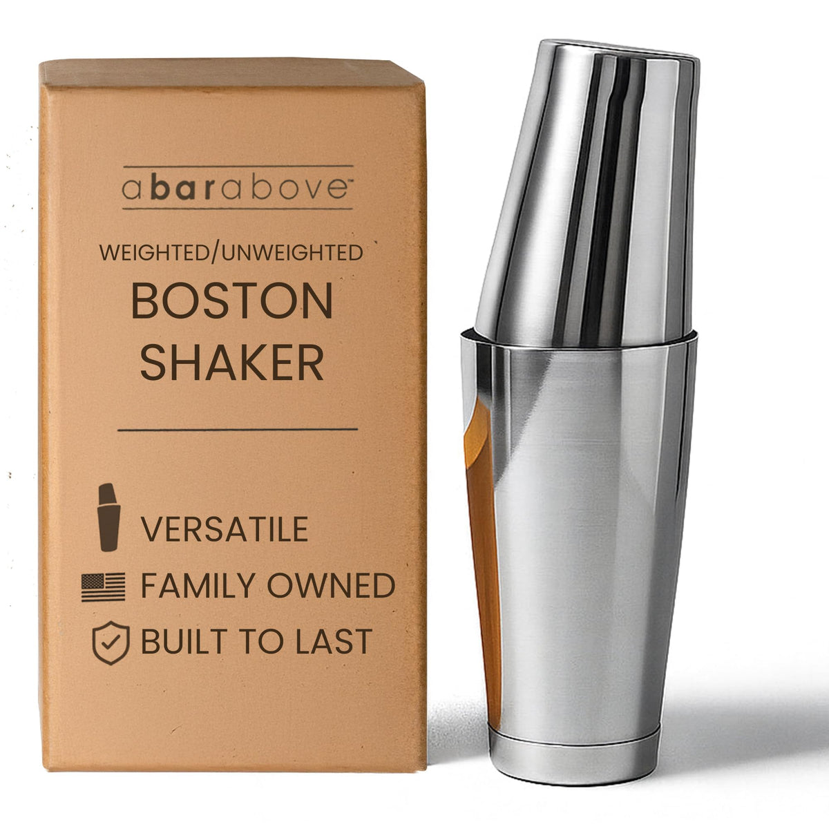 A Bar Above Boston shaker 18oz weighted set for precise, spill-free pours.