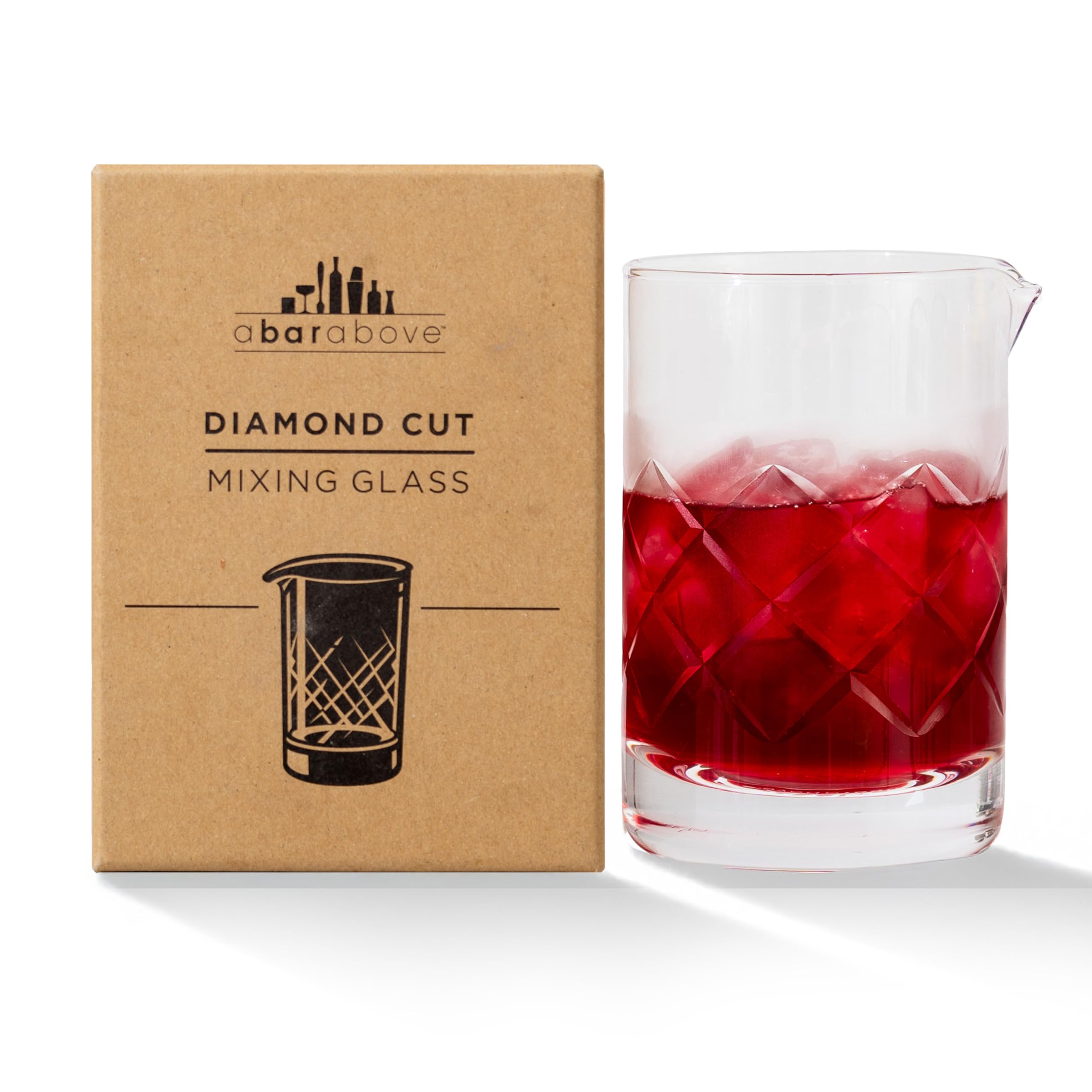 A Bar Above diamond-cut crystal mixing glass for precise stirring and real-time dilution visibility.