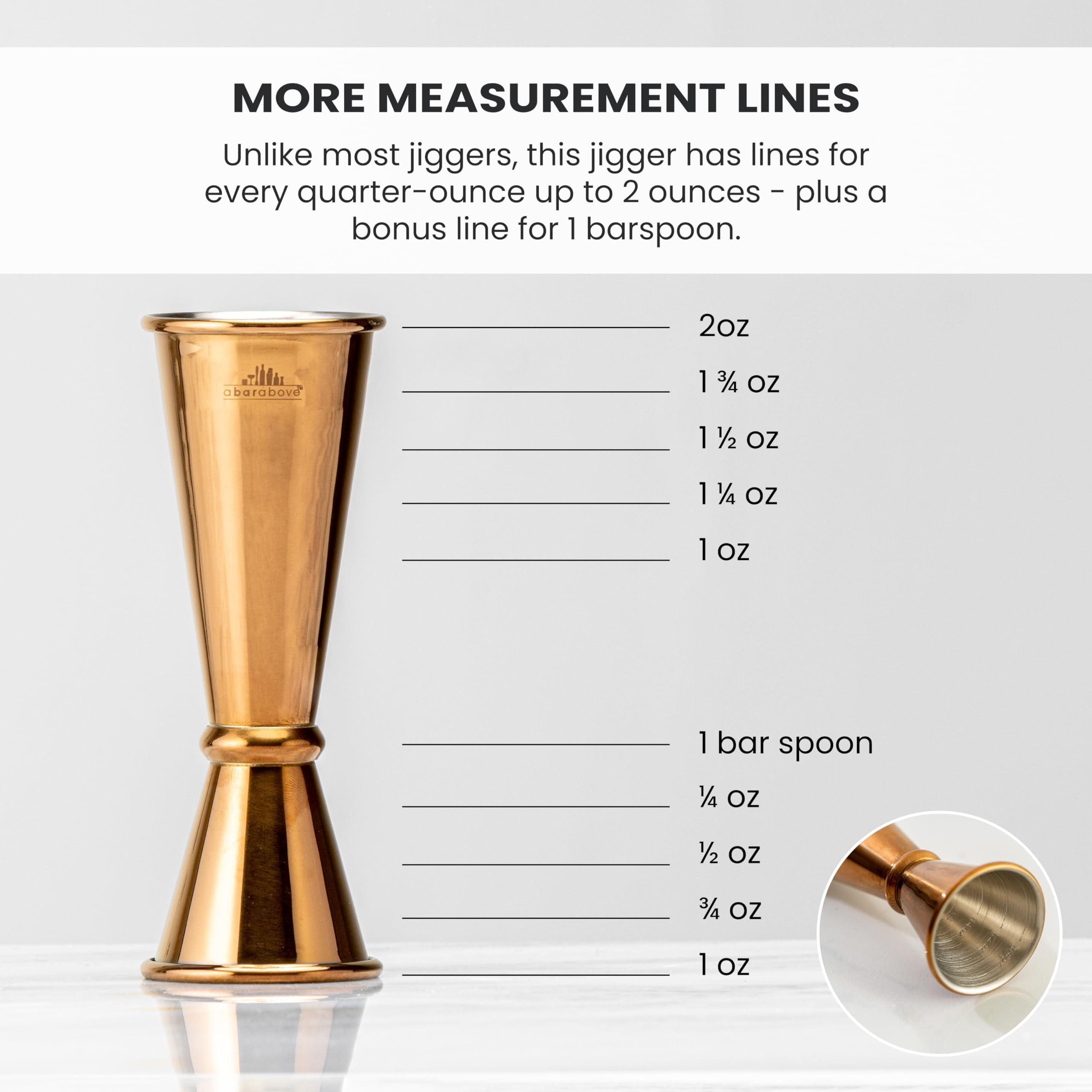 A Bar Above engraved quarter-oz to 2-oz markings for consistent measurements.