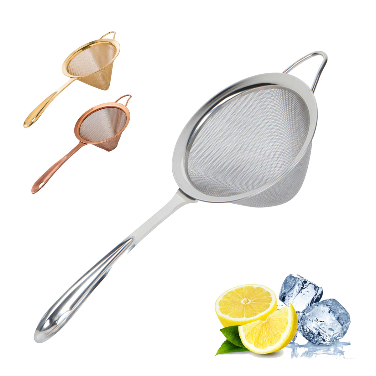 A Bar Above stainless steel fine mesh strainer with conical mesh for clean pours.