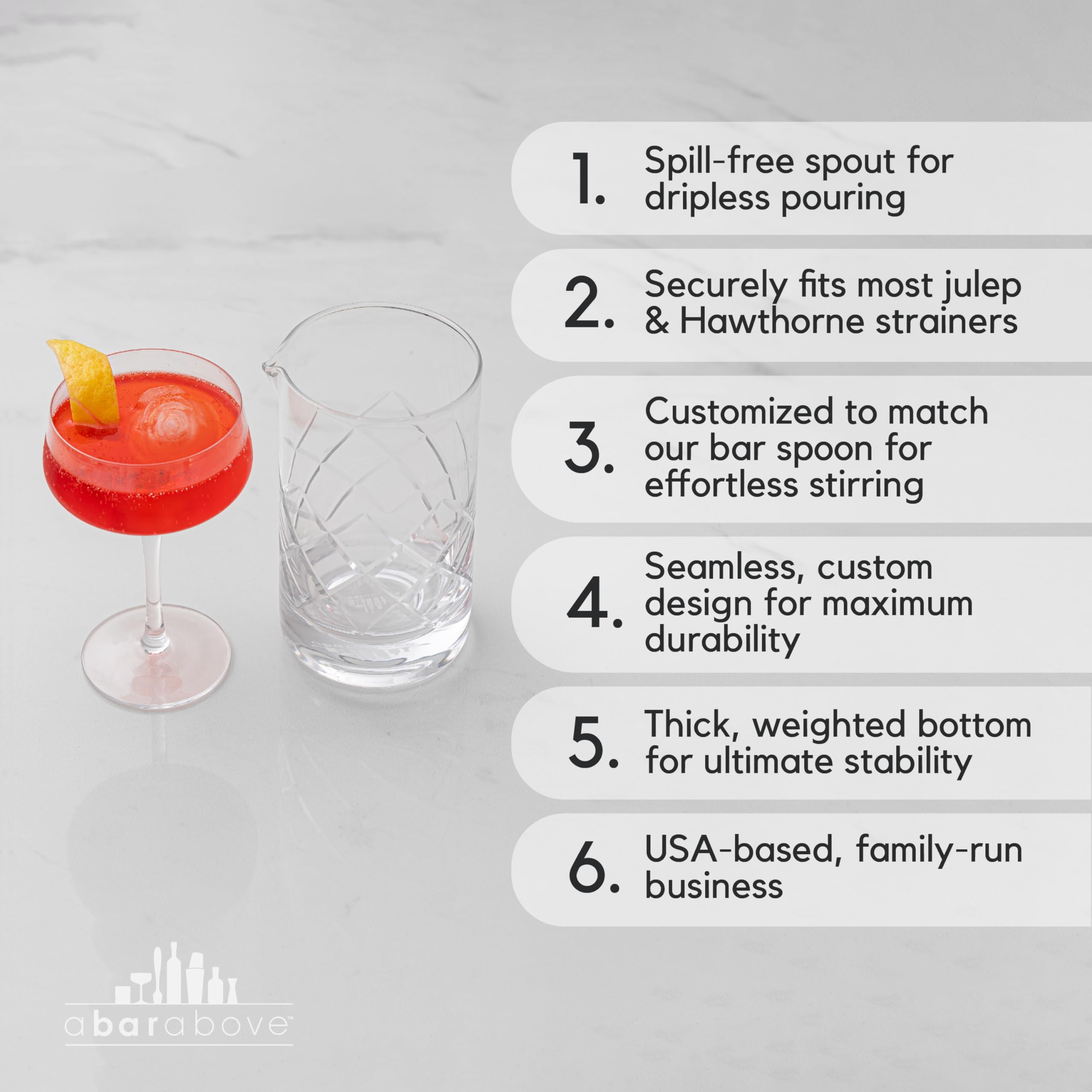A Bar Above weighted base stabilizes stirring to prevent spills.