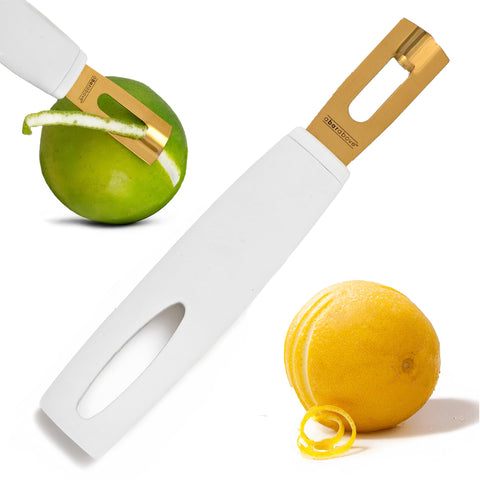 A Bar Above channel knife with white handle and gold blade for precise citrus garnishes in cocktails