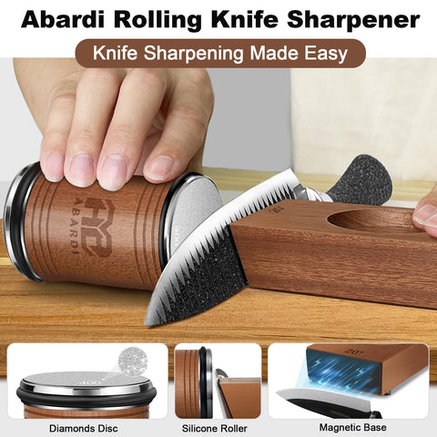 Abardi knife sharpener on natural wood base for sturdy kitchen use