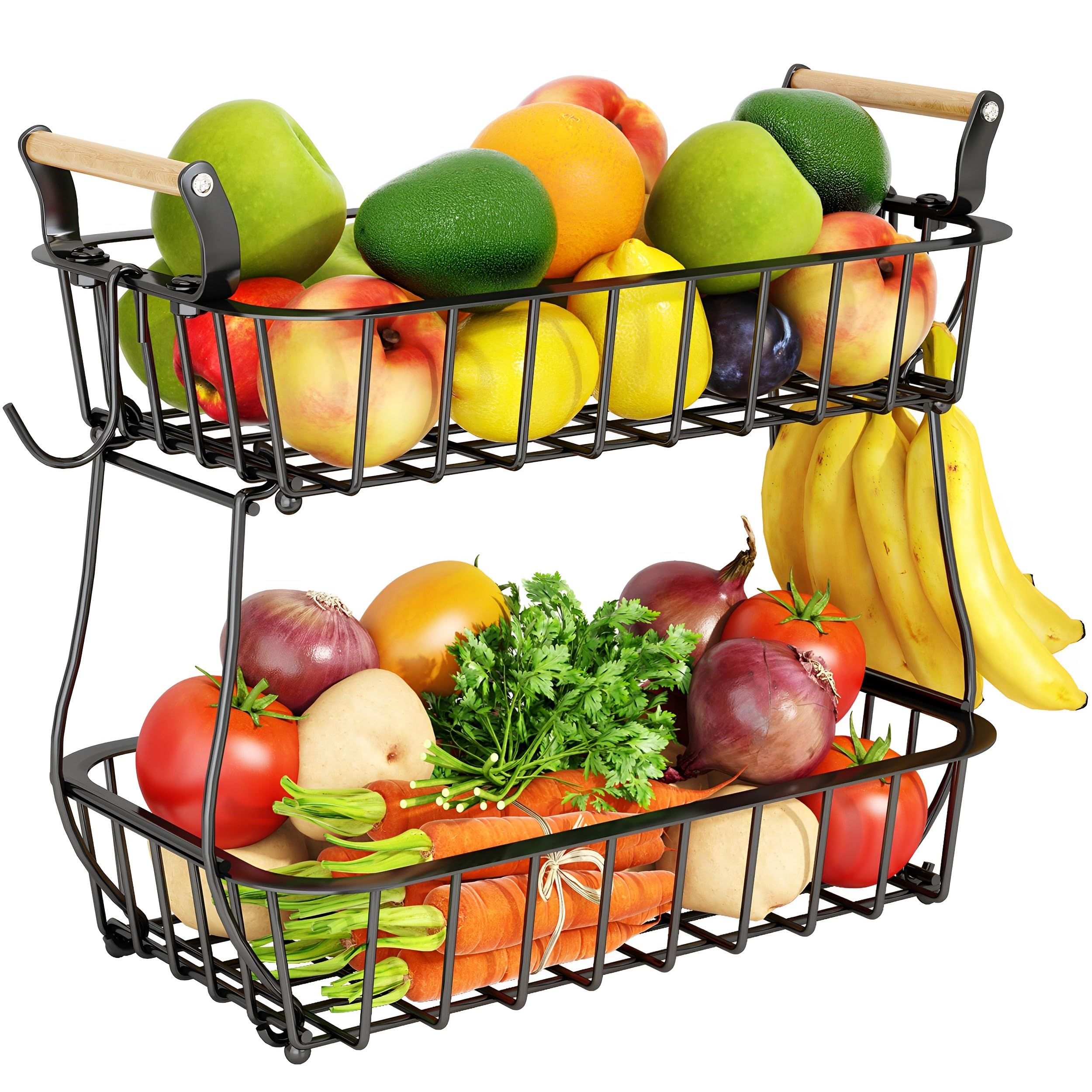 Alebew 2-tier fruit basket with banana hangers keeps fruit organized and accessible.