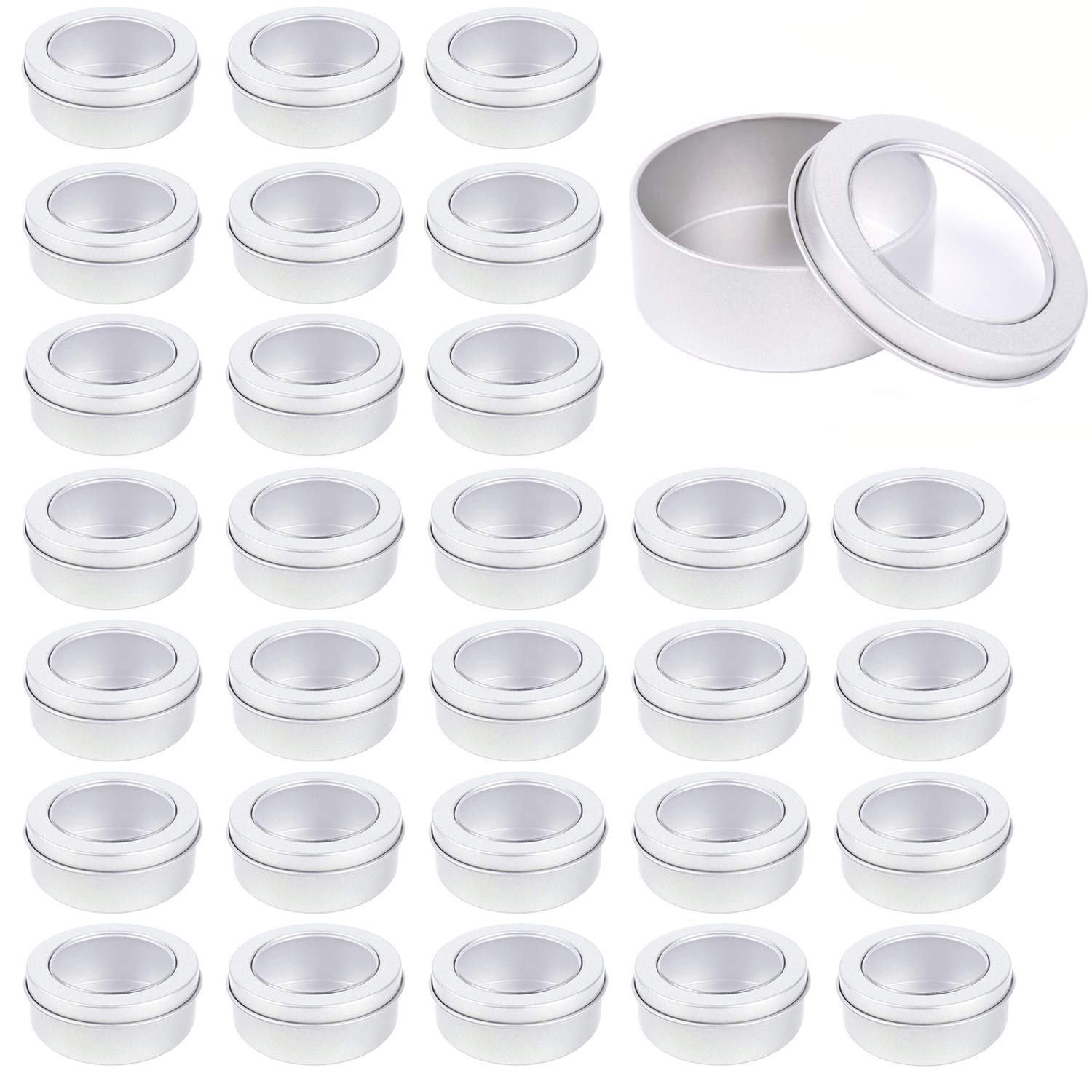 Abgream 2 oz metal tin can with clear top for cosmetics storage and quick view.