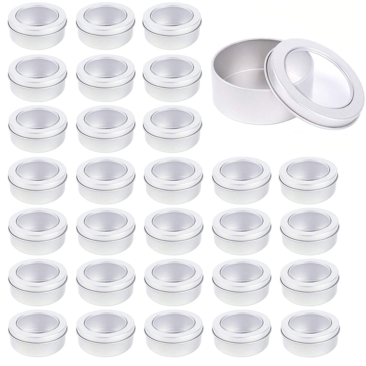 Abgream 2 oz metal tin can with clear top for cosmetics storage and quick view.