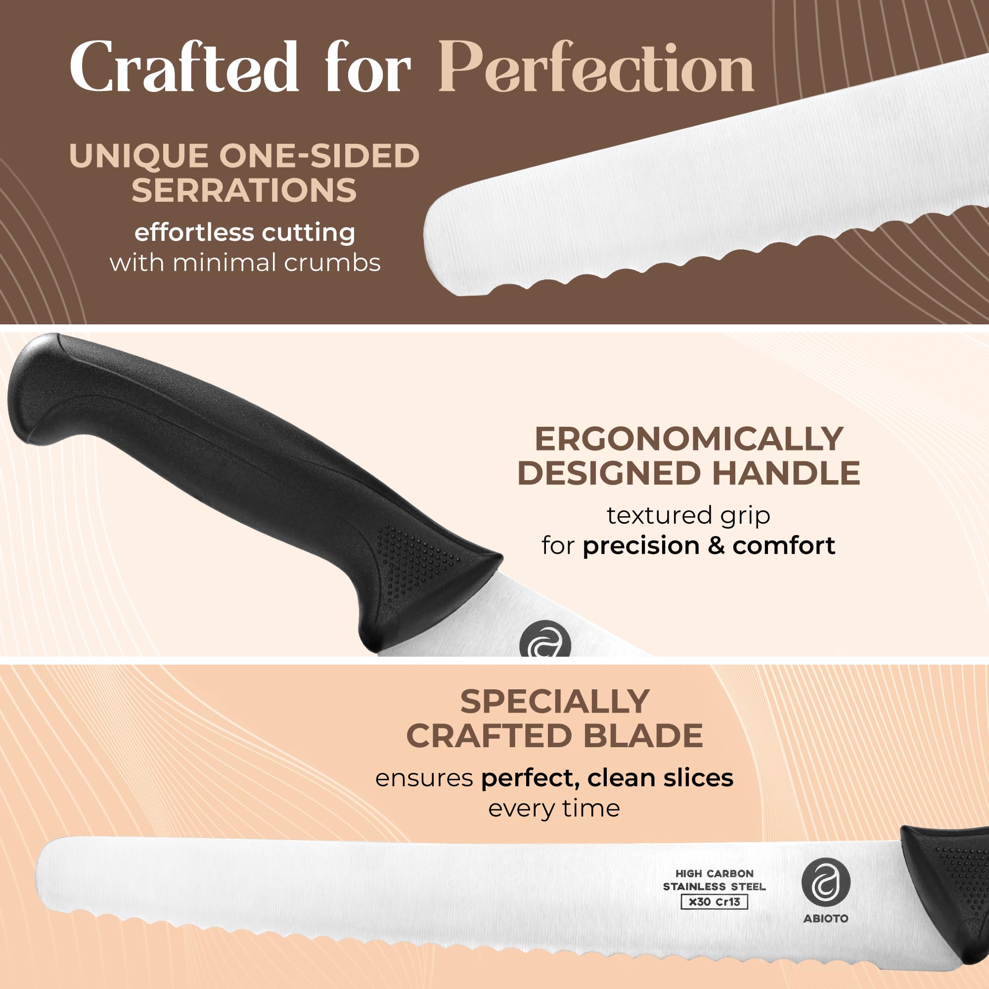 ABIOTO 11-inch blade slicing crusty sourdough with balanced weight and smooth motion.