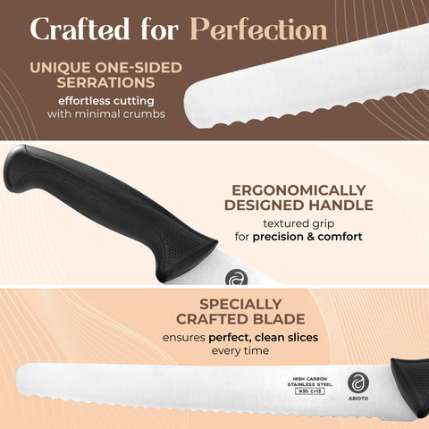 ABIOTO 11-inch blade slicing crusty sourdough with balanced weight and smooth motion.
