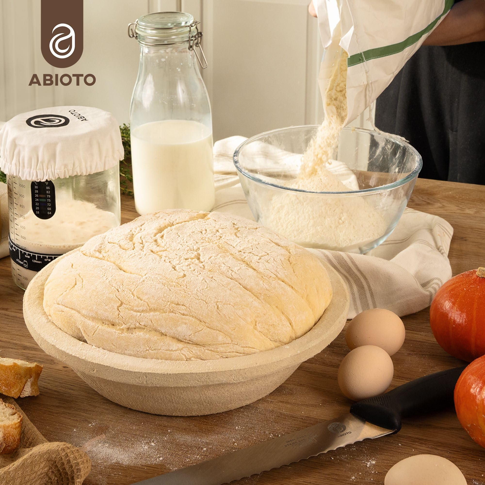 ABIOTO 2.2 lb capacity banneton ready for sourdough and small breads at home.