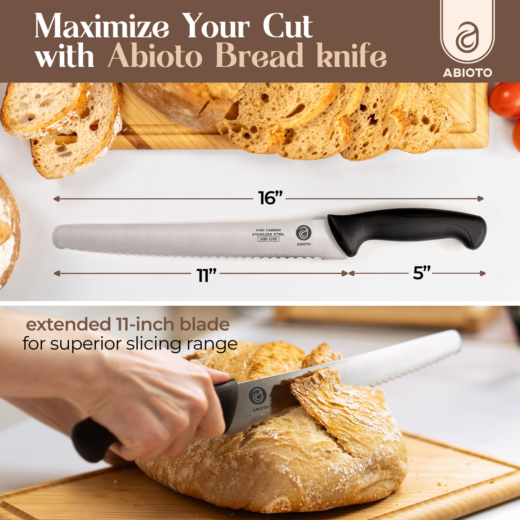 ABIOTO bread knife with ergonomic handle and textured grip for precise, comfortable slicing.