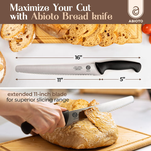 ABIOTO bread knife with ergonomic handle and textured grip for precise, comfortable slicing.