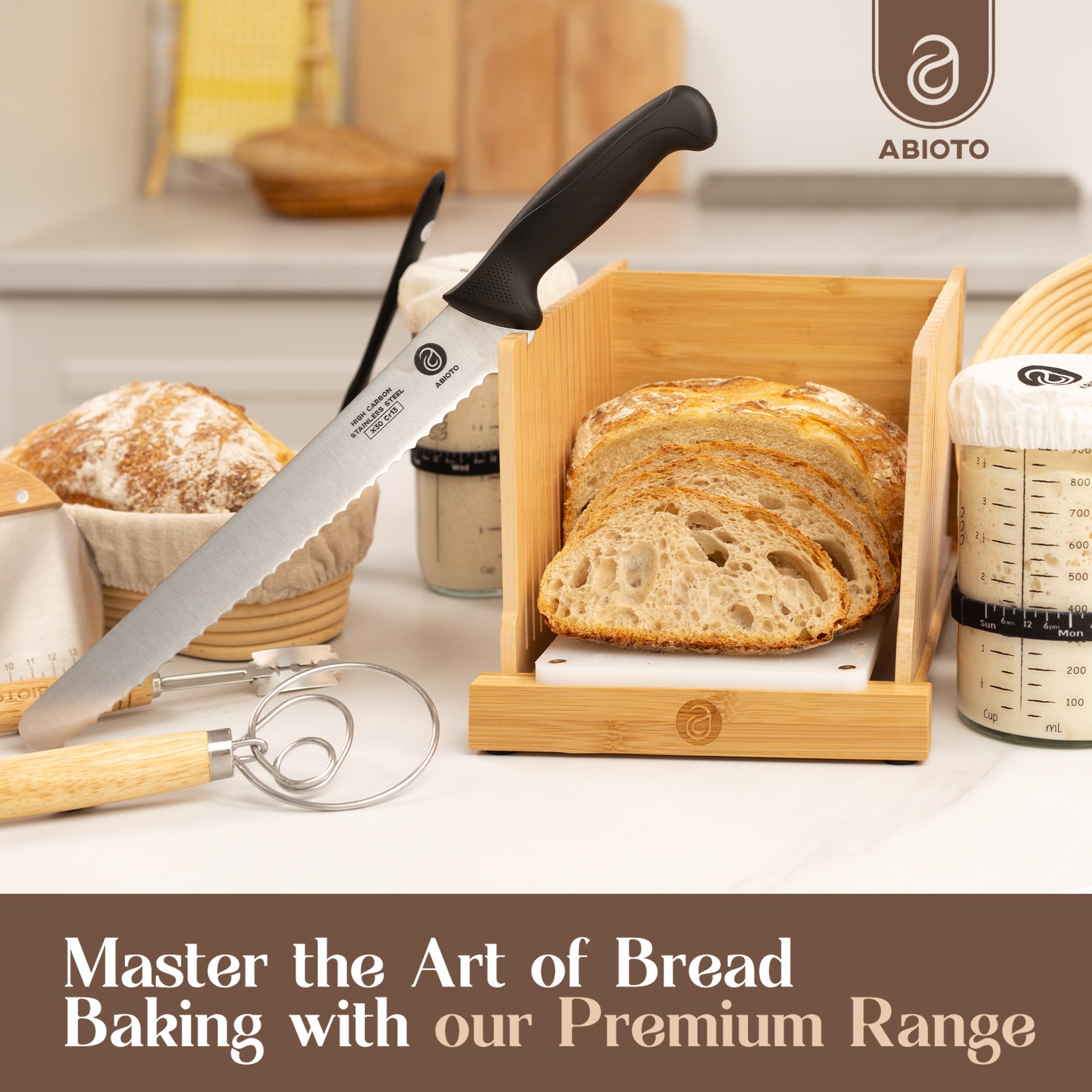 ABIOTO bread knife in use on loaf illustrating clean, even slices.