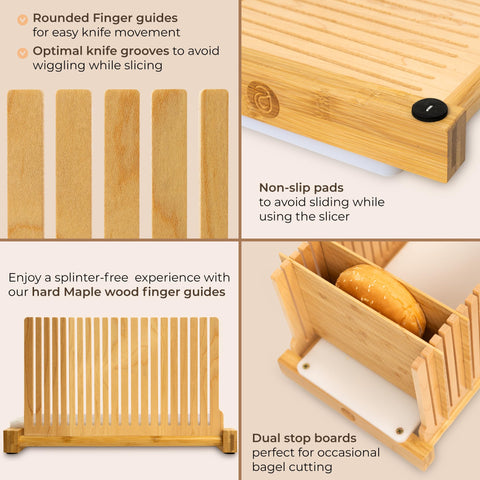 Two stop boards securely hold bread for easy slicing with the ABIOTO slicer.