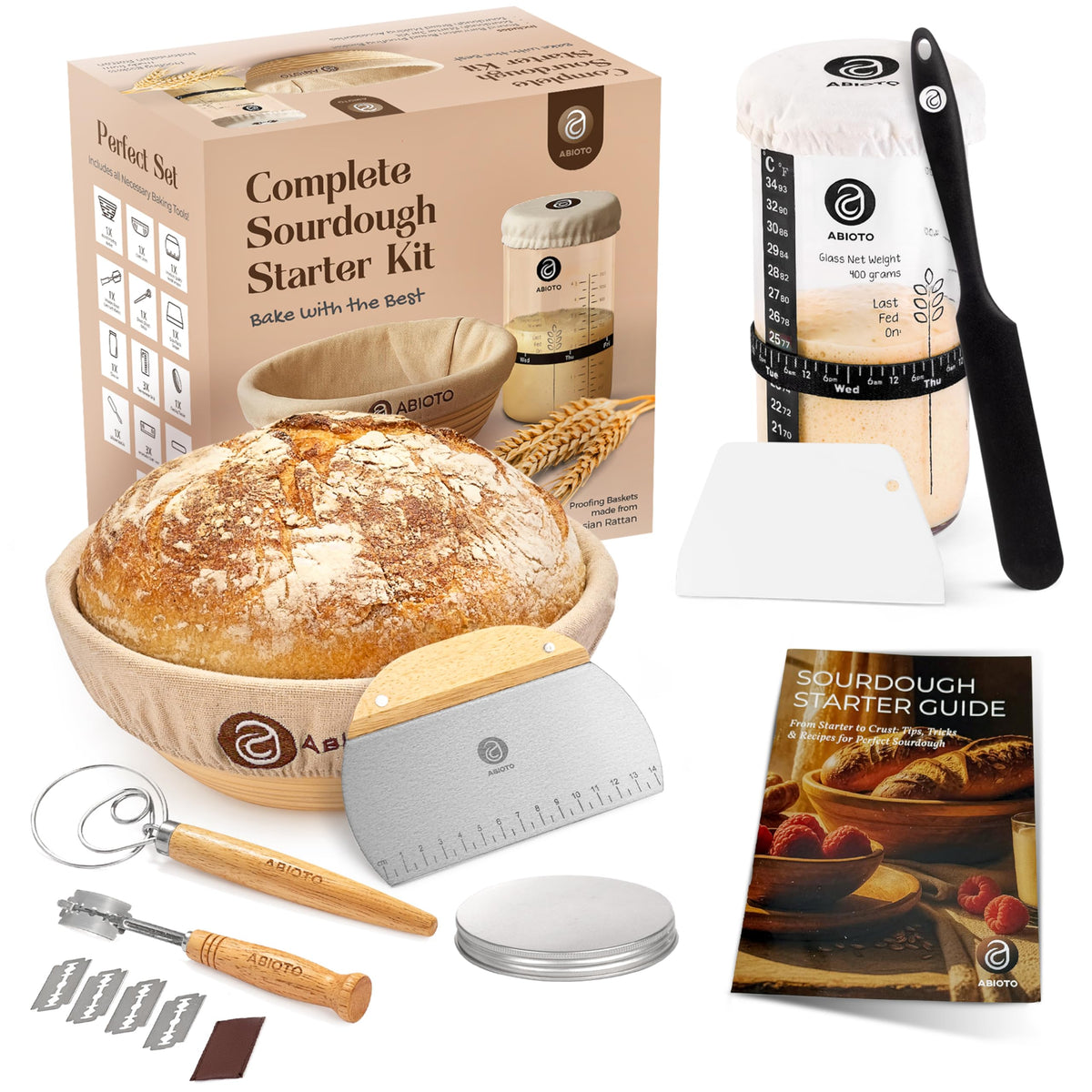 ABIOTO complete sourdough kit with 24oz jar and tools for reliable bread rising