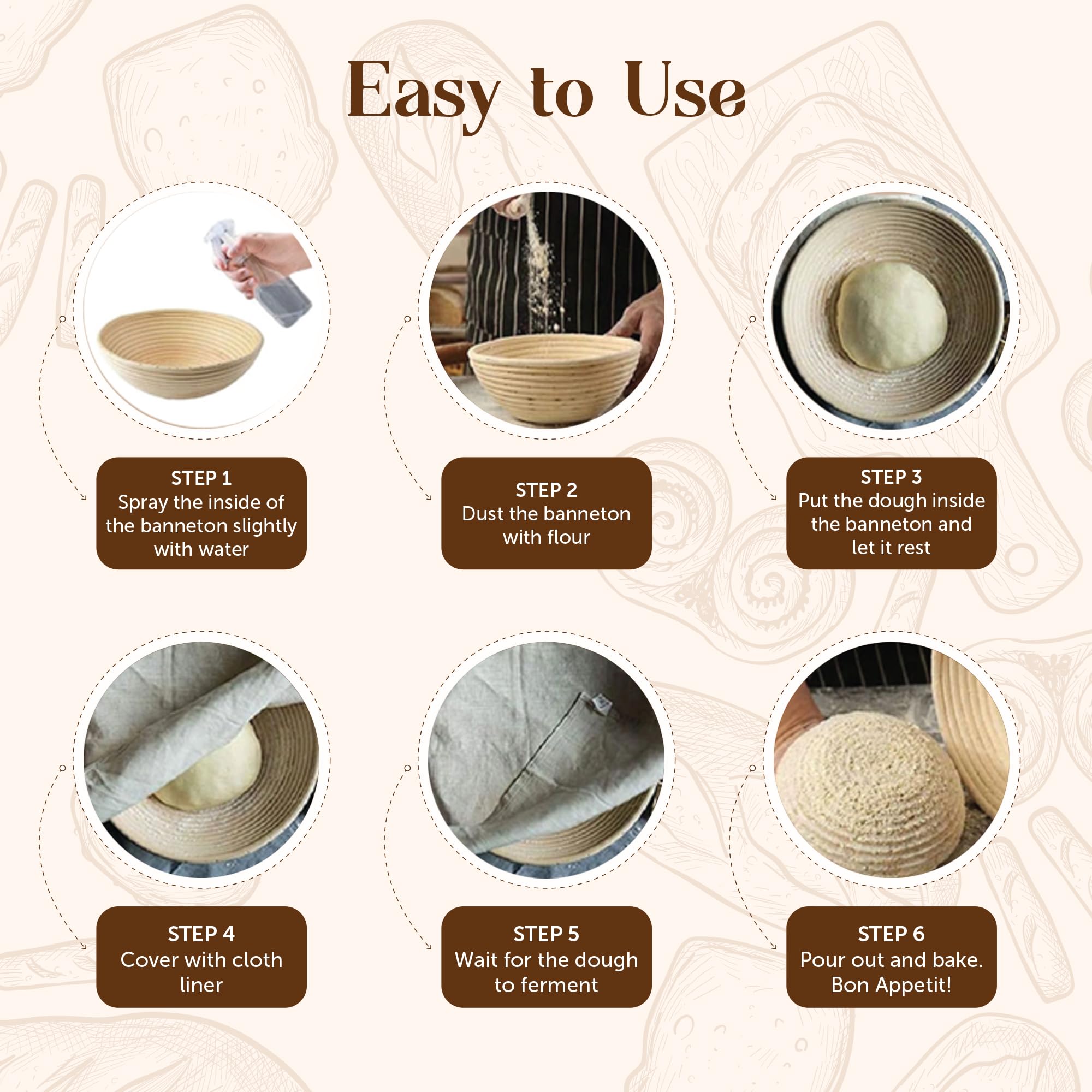 ABIOTO easy-clean banneton stays non-stick and resists mold with quick air-drying.