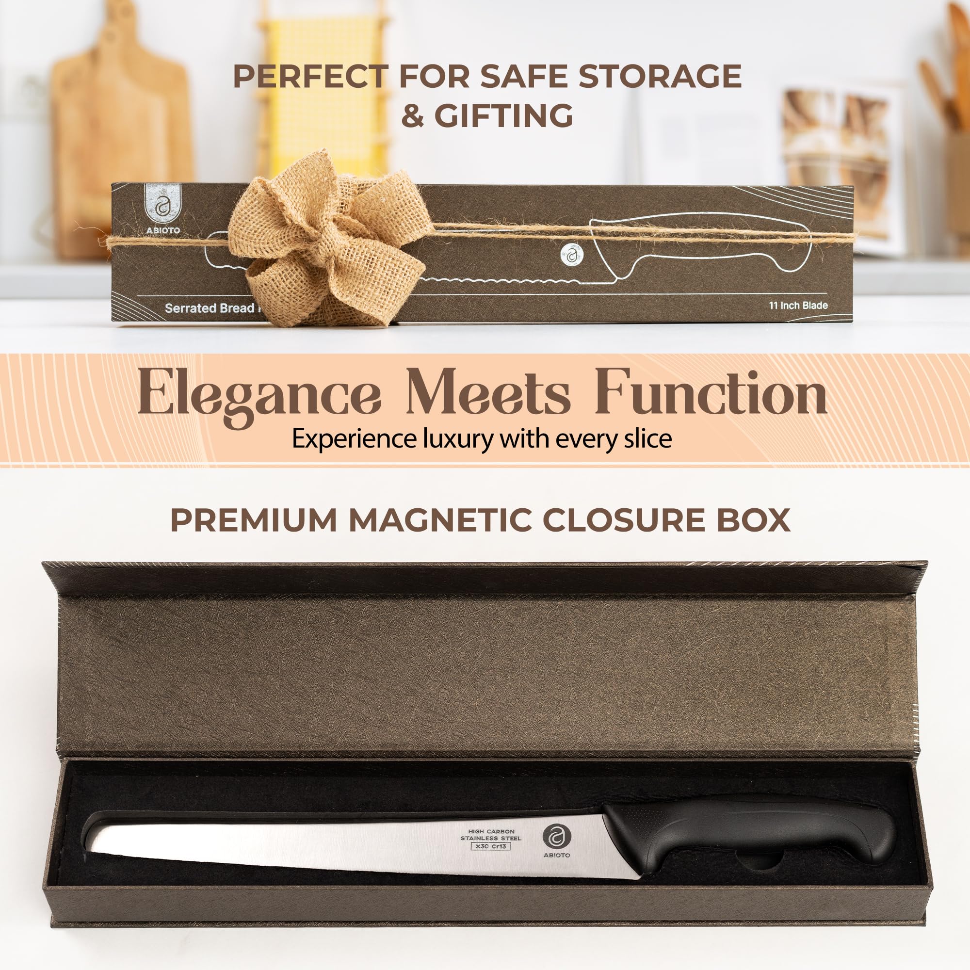 ABIOTO ergonomic design and extended blade support effortless everyday bread prep.