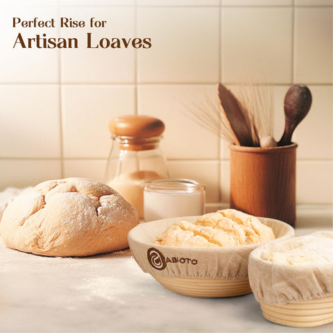 ABIOTO Indonesian rattan basket provides durable support for consistent rise and crisp crust.