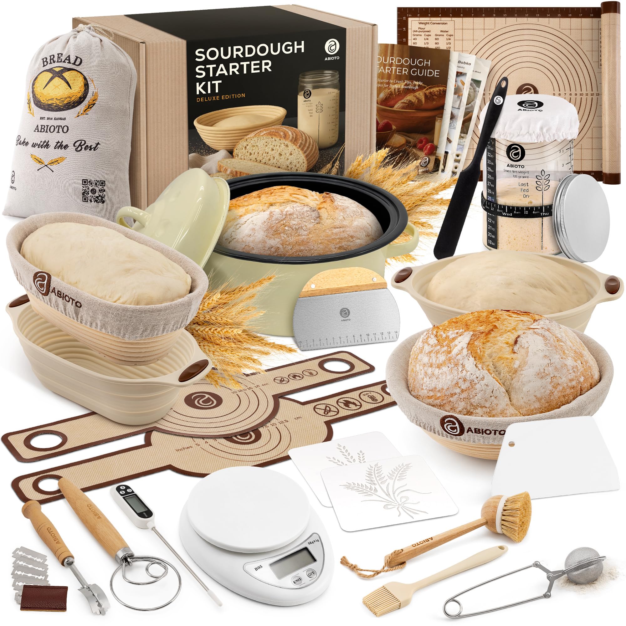 Abioto sourdough kit with Dutch oven showcases durable bakeware for bakery-worthy loaves.