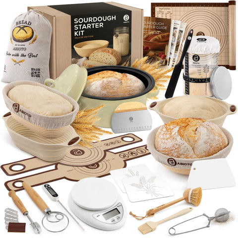 Abioto sourdough kit with Dutch oven showcases durable bakeware for bakery-worthy loaves.