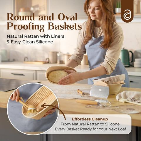 Proofing baskets in the Abioto set create round and oval loaves with clean release.