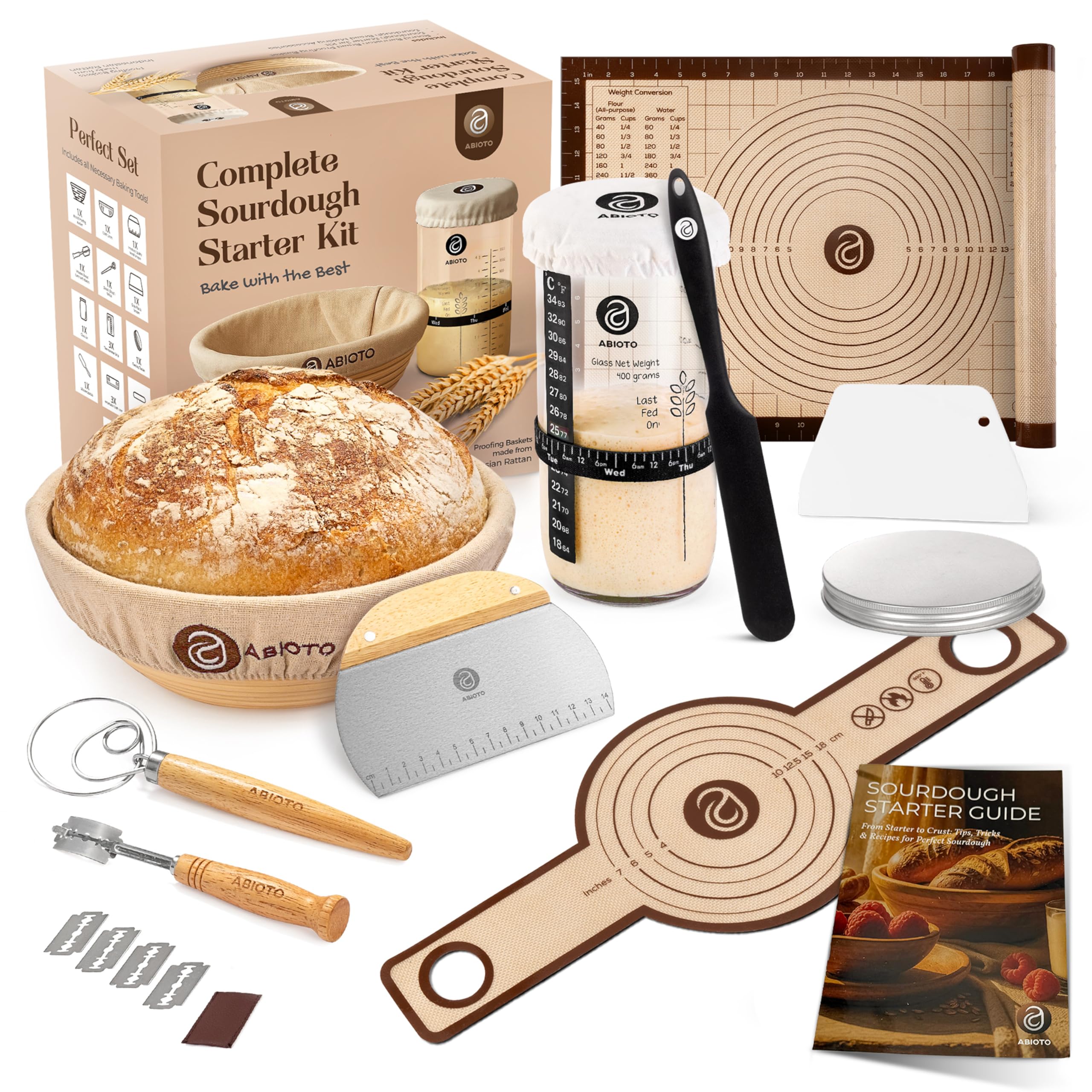 ABIOTO sourdough starter kit with 9-inch round banneton for an even rise.