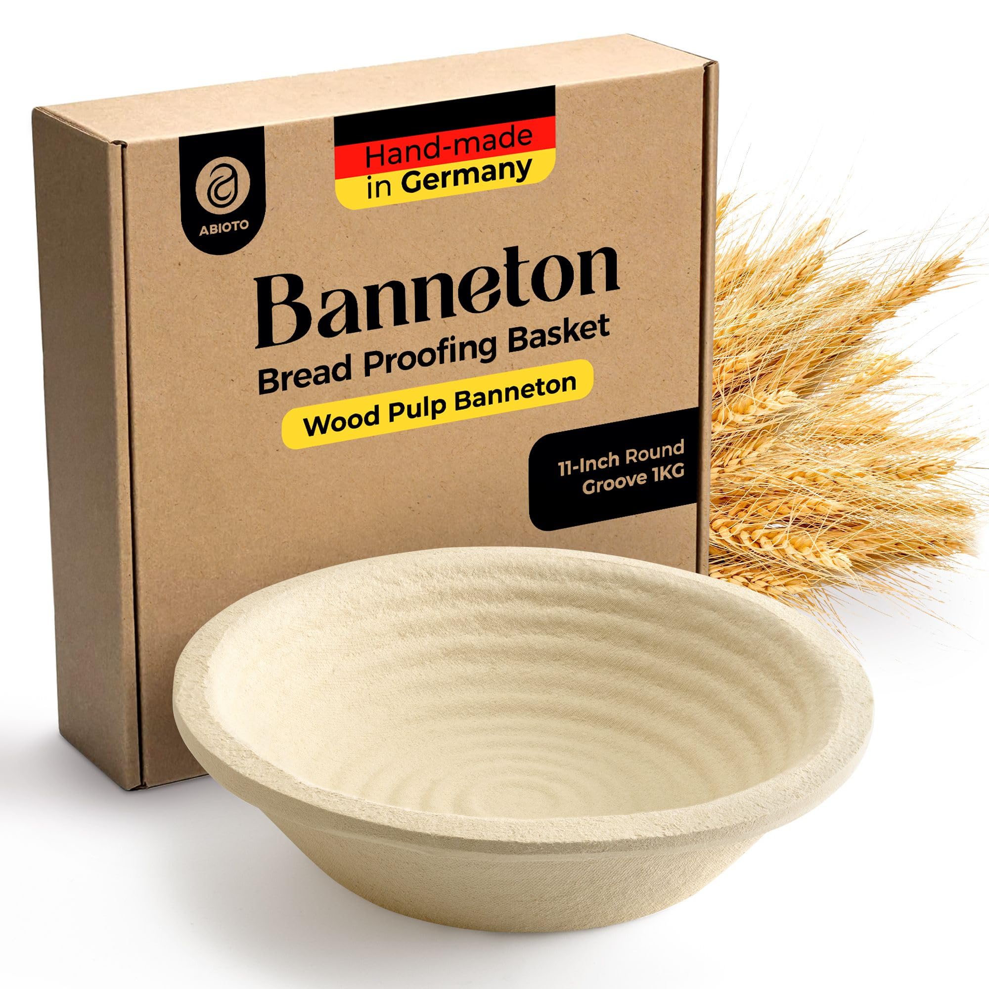 ABIOTO wood pulp banneton, 11-inch round, non-stick surface for easy loaf release.