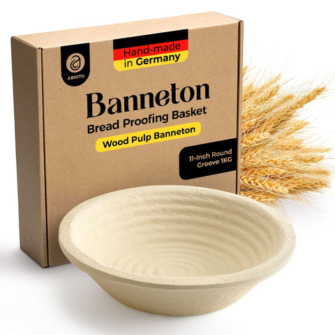 ABIOTO wood pulp banneton, 11-inch round, non-stick surface for easy loaf release.