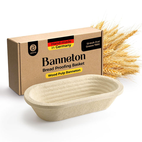ABIOTO wood pulp banneton 13-inch oval with non-stick release for easy loaf removal