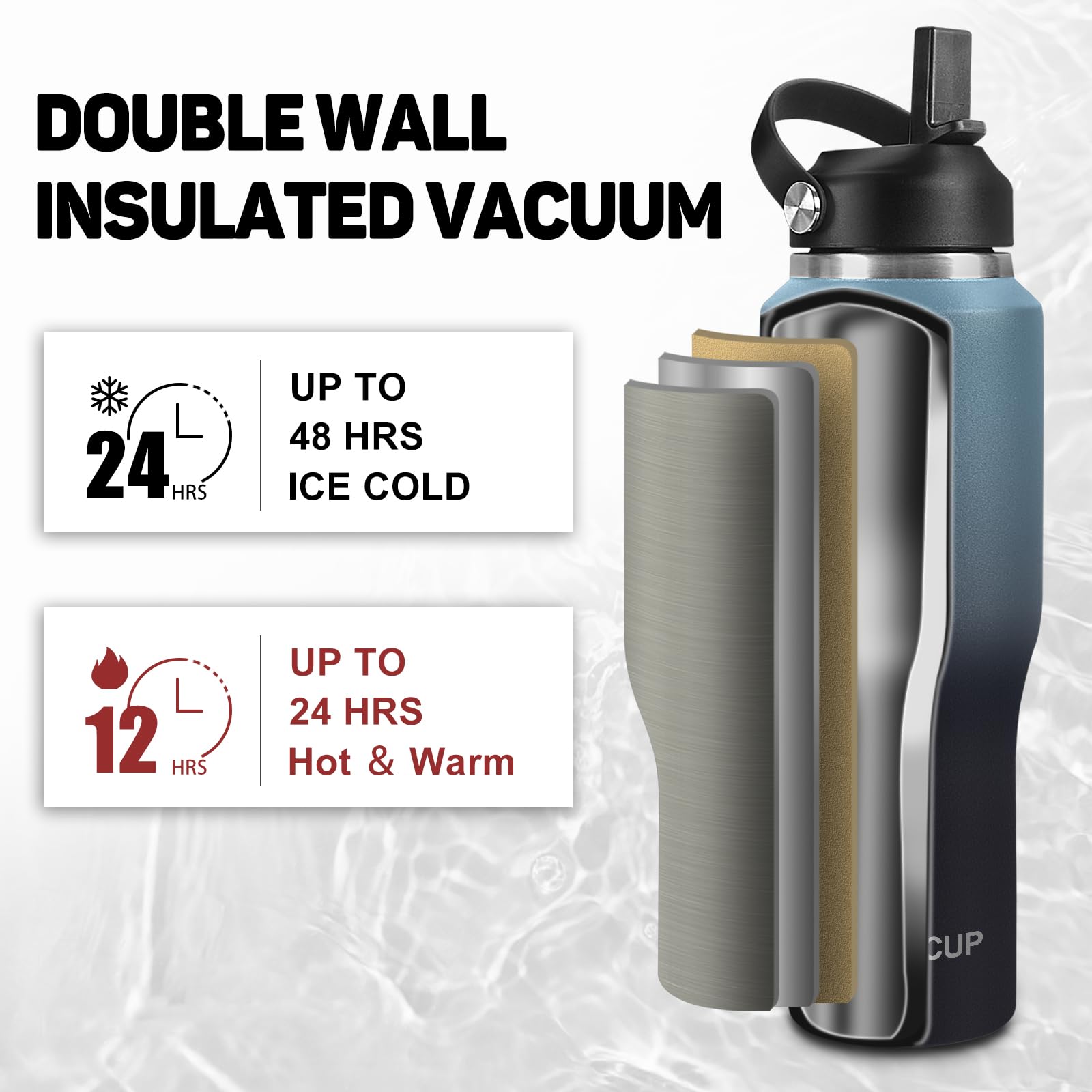 ABOTOCUP vacuum-insulated bottle keeps beverages cold up to 24 hours.