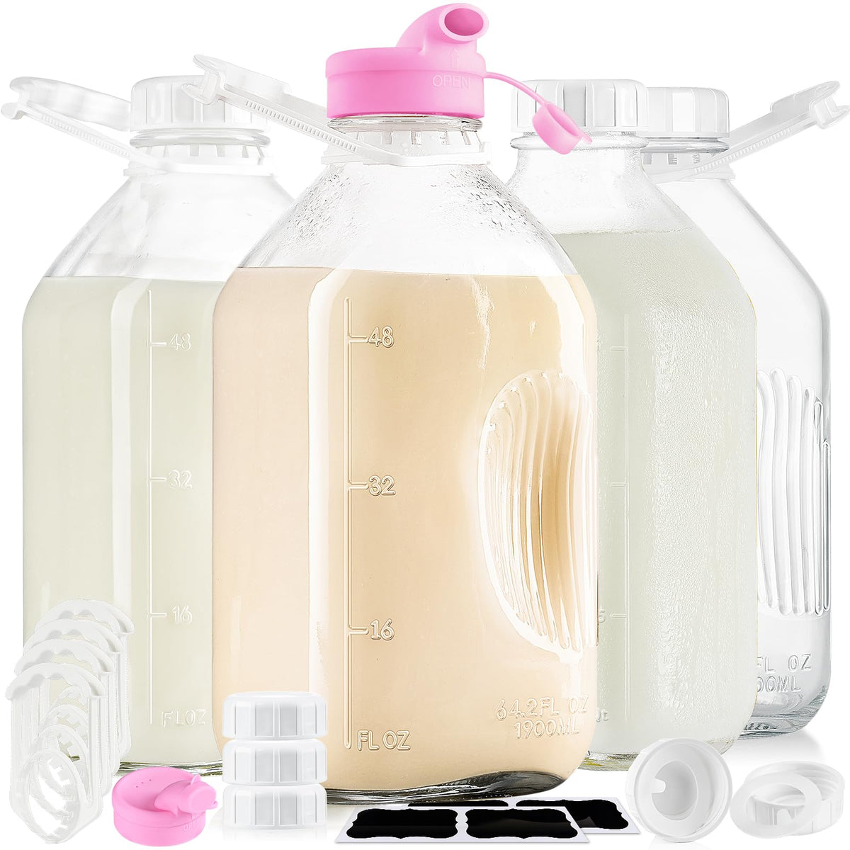Absovetu four-pack half-gallon glass milk bottles for bulk beverage storage.
