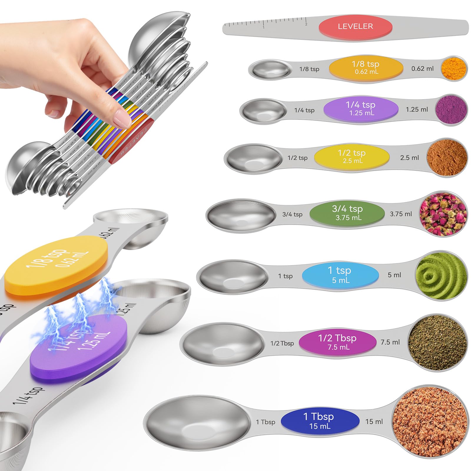 Abtrino magnetic measuring spoons set of 8 with nestable design for easy storage.