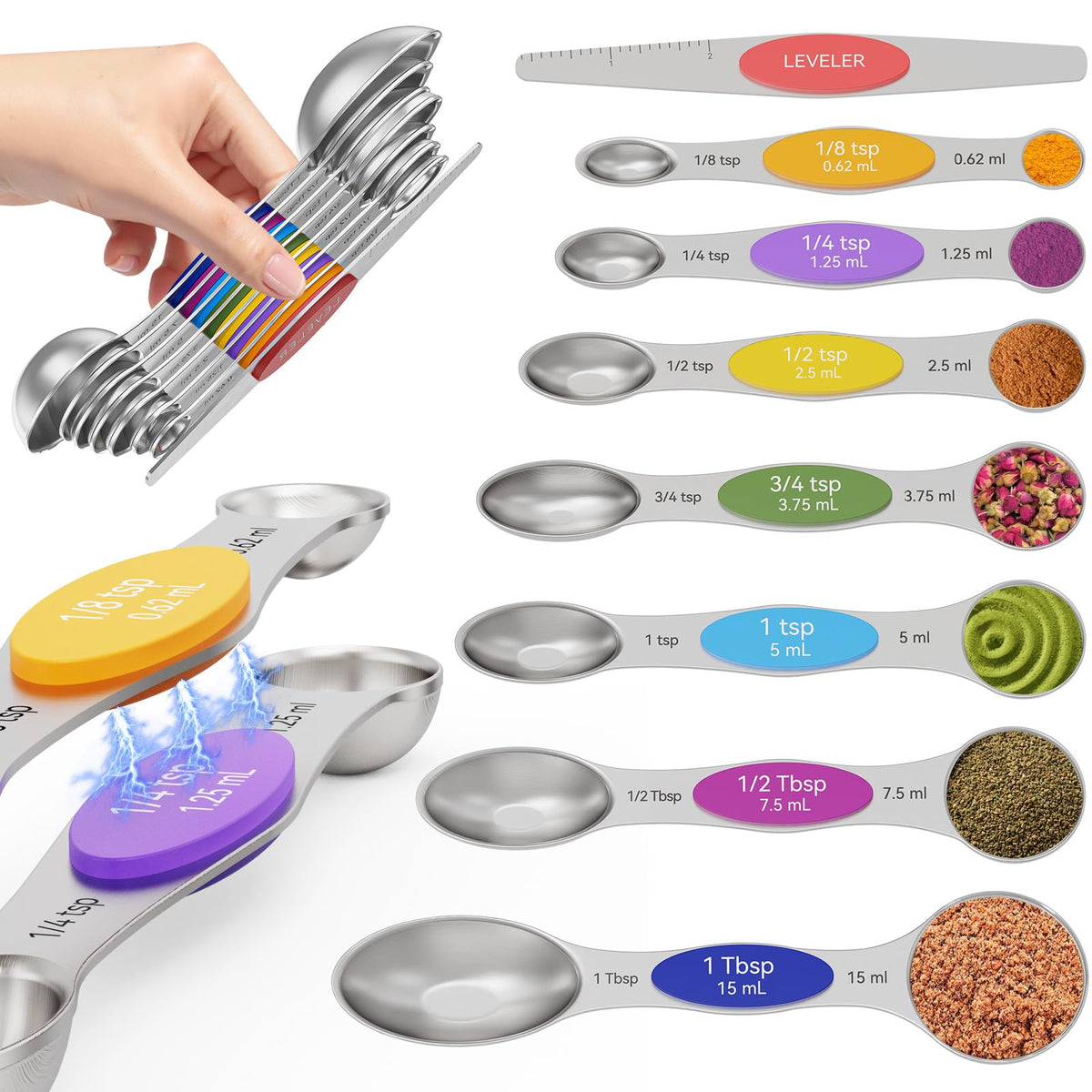 Abtrino magnetic measuring spoons set of 8 with nestable design for easy storage.