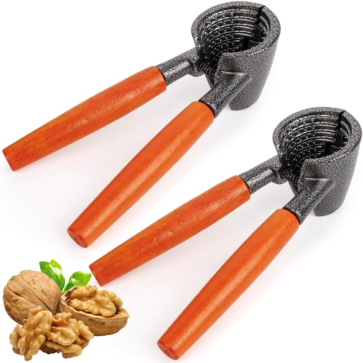Abuntor 2-Pack Nut Crackers with wooden handles for easy home nut cracking.