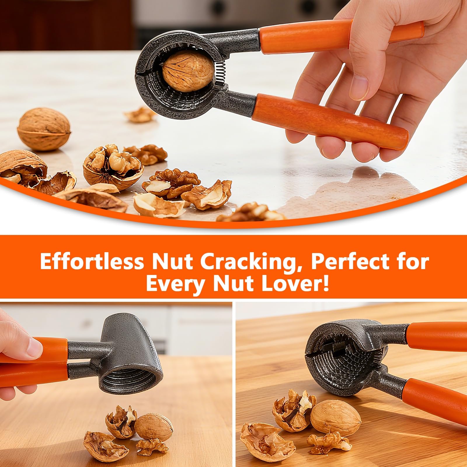 Abuntor nut crackers with ergonomic, non-slip grips for comfortable use by adults and seniors.