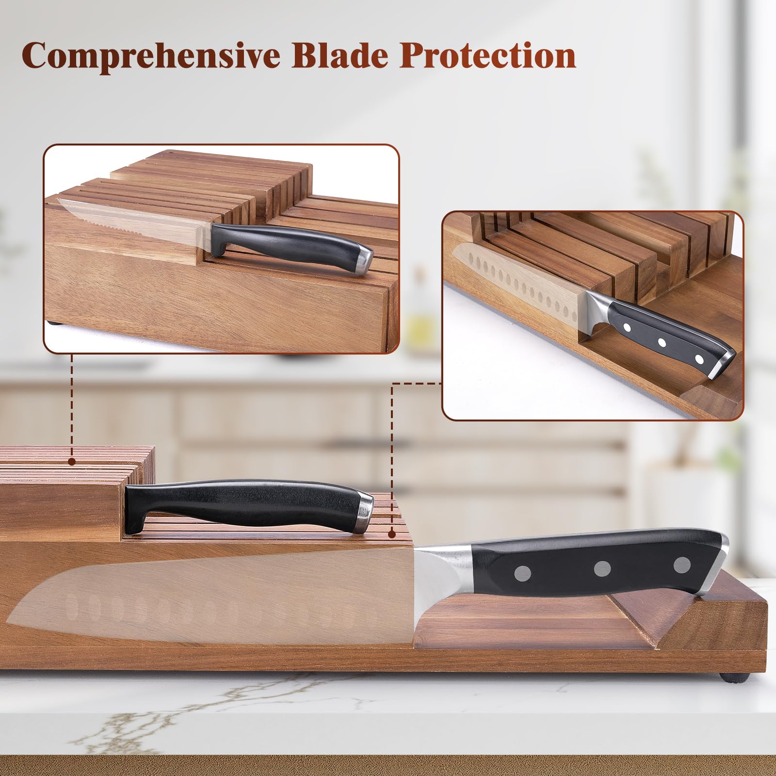 Acacomft 12-knife capacity shown with blade protection and tidy drawer organization
