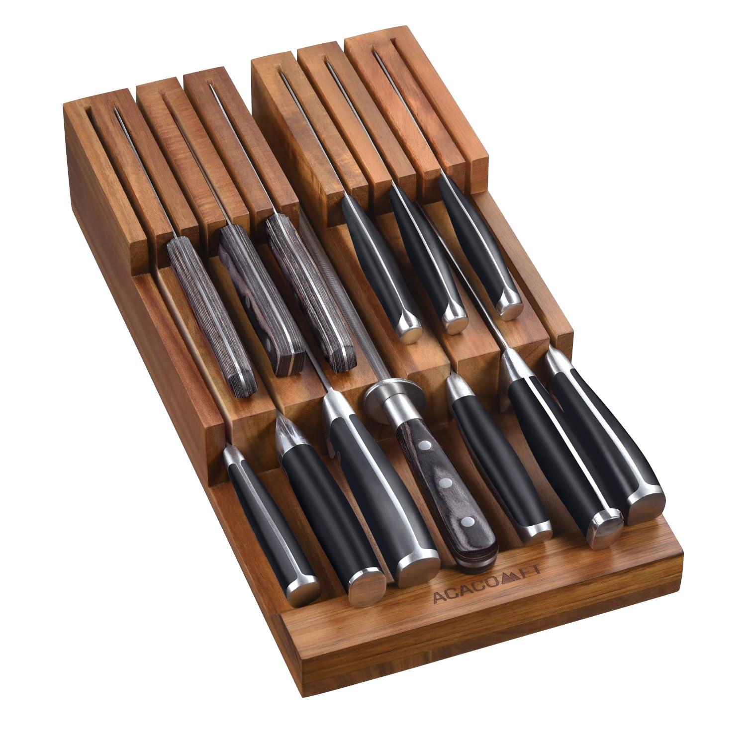 Acacomft in-drawer knife block in acacia wood with wide slots for easy access