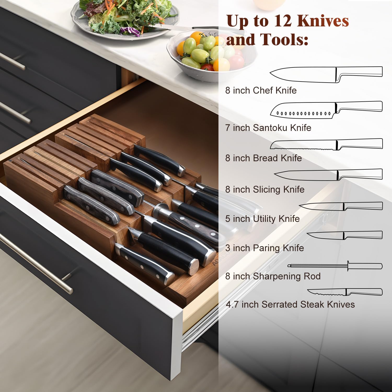 Acacomft natural acacia wood finish adds warmth to the kitchen