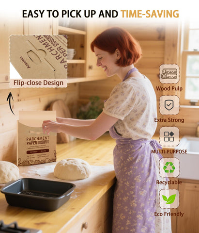 Acasimo baking paper squares pre-cut for quick, mess-free prep.