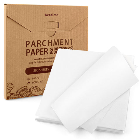 Acasimo parchment sheets 10x10 square for mess-free baking and easy cleanup.