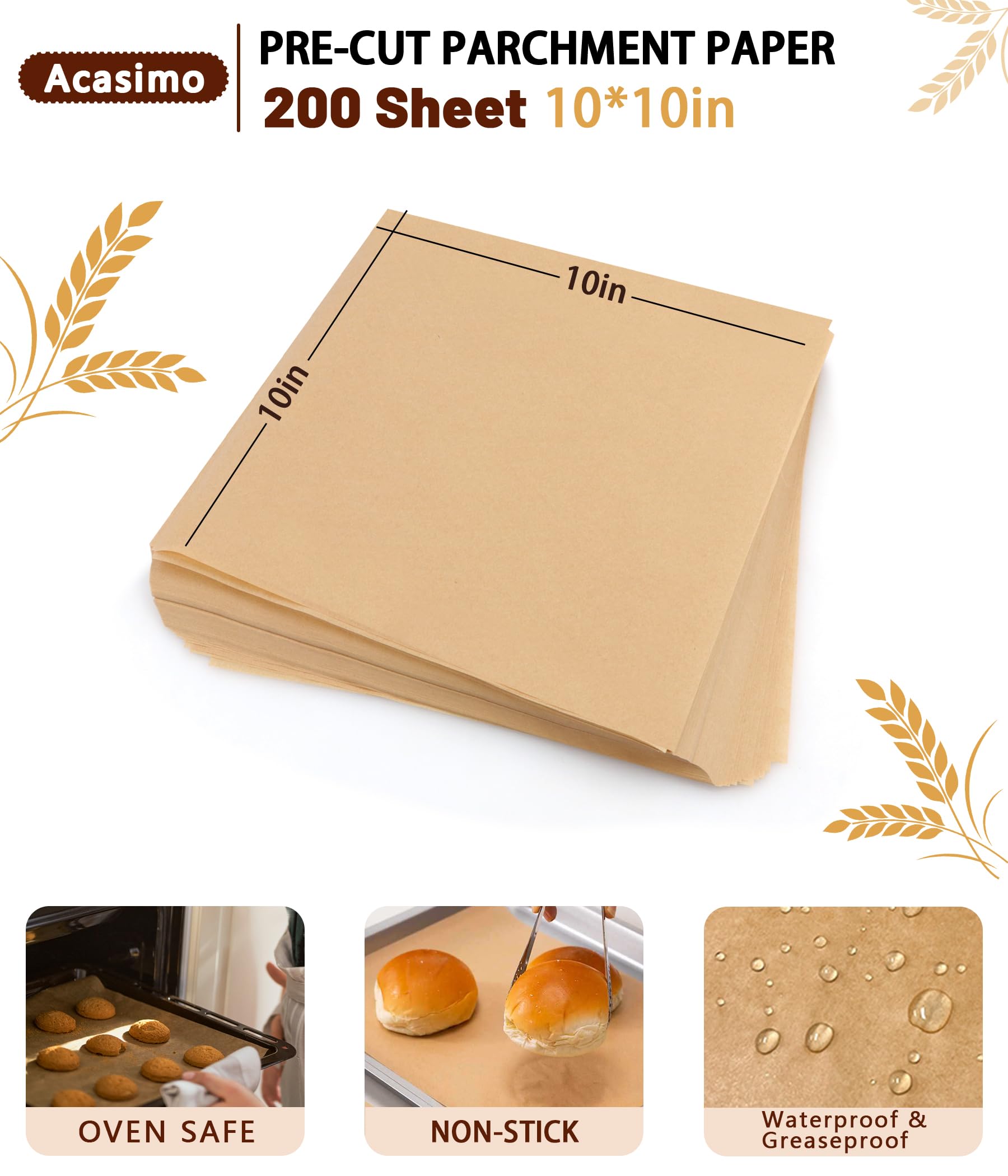 Acasimo square parchment with non-stick surface for oven, air fryer, and steaming prep