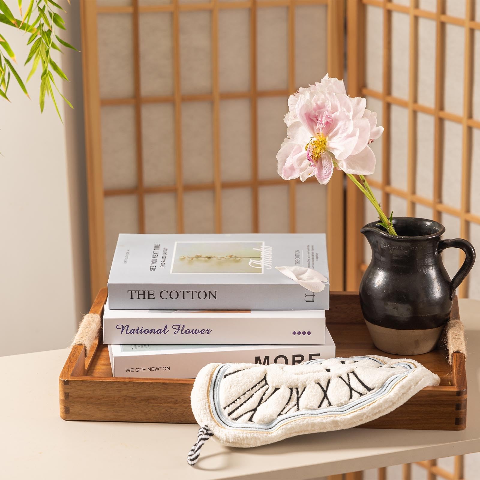 ACBORN acacia tray on ottoman highlighting versatile decor