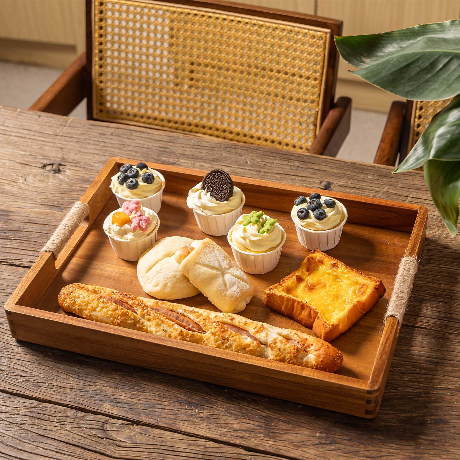 ACBORN outdoor-ready acacia tray on counter for entertaining