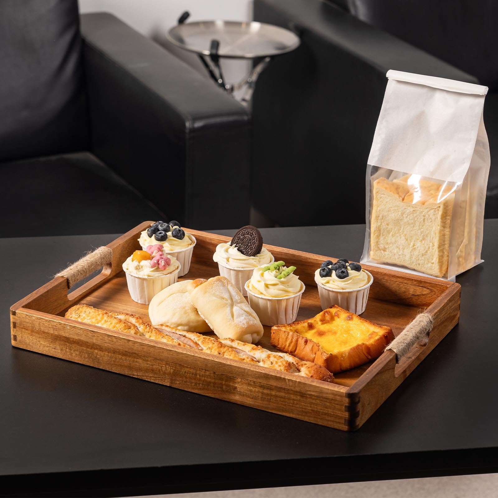 ACBORN wood serving tray with party setup and cheeses