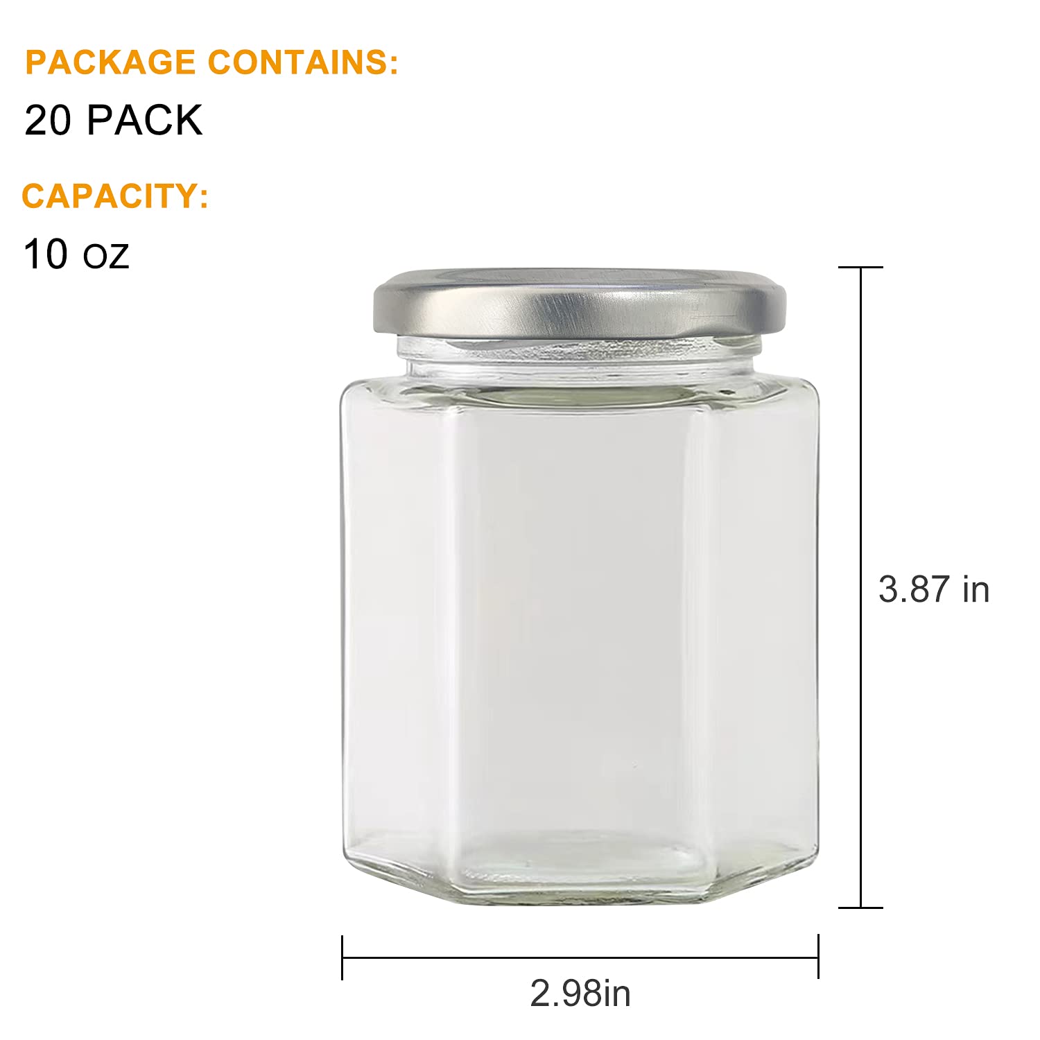 Accguan 10oz hexagon jar with silver lid, side view, perfect for crafts or favors.