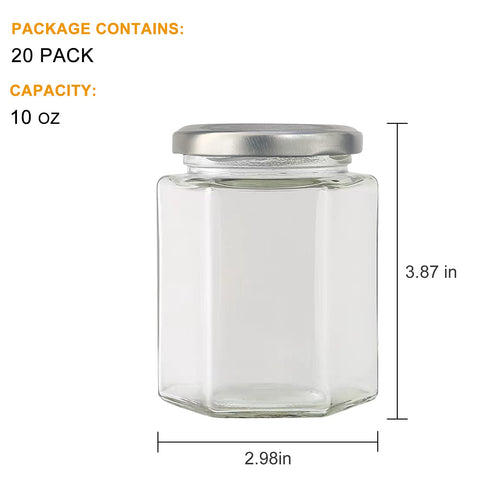 Accguan 10oz hexagon jar with silver lid, side view, perfect for crafts or favors.