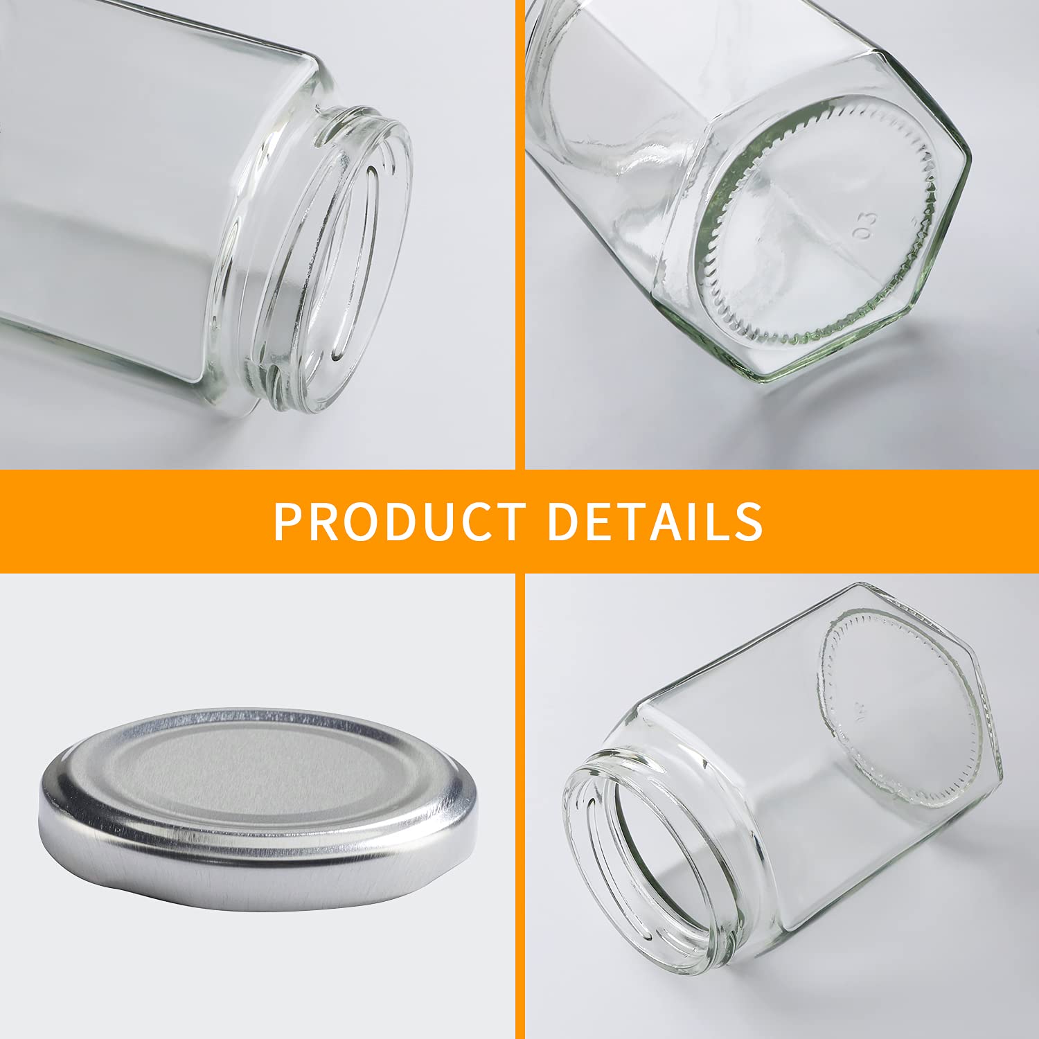 Accguan hexagon jar with silver lid, top view, elegant wedding-friendly design.